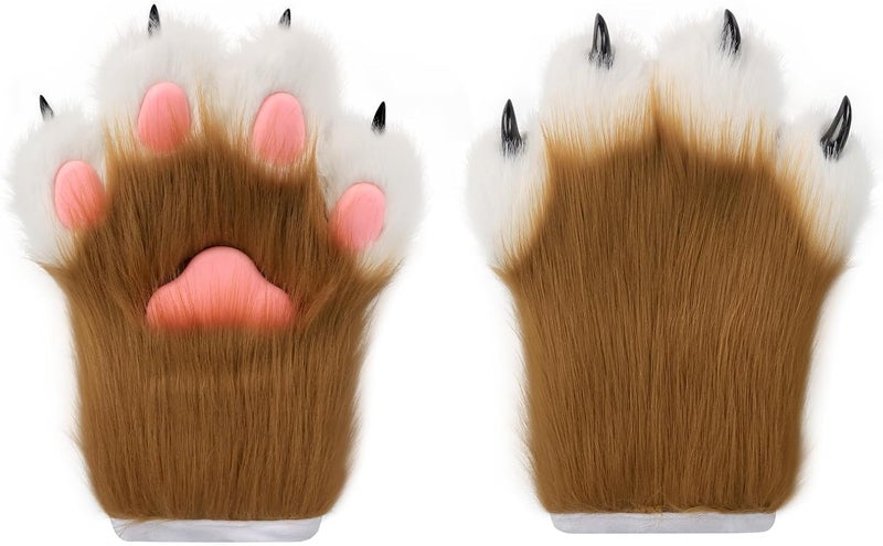 hbbhml Faux Fur Plush Furry Cat Claw Gloves Fursuit Animal Fox Paws Mittens Halloween Cosplay Costume Accessories for Adult - Image 1